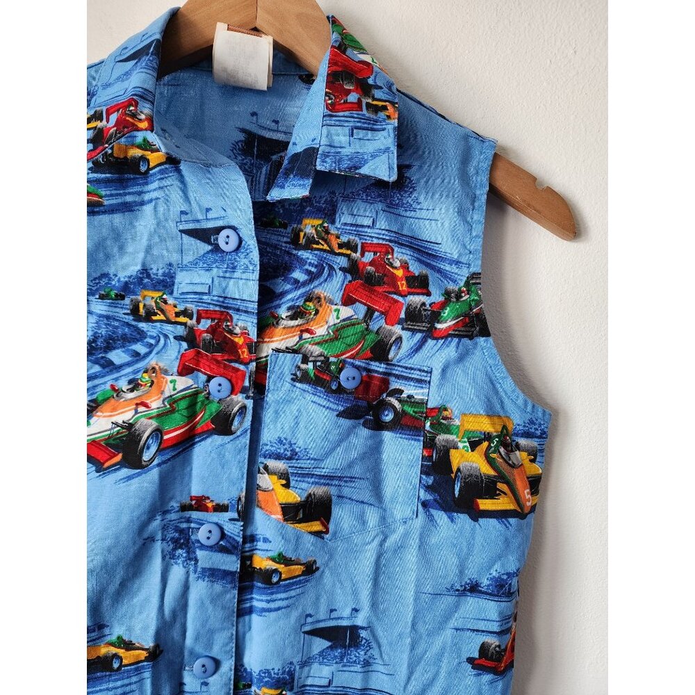 Vintage Pam's Closet formula 1 racecar print sleeveless button up shirt S